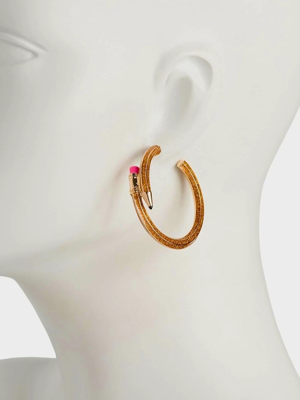 NEW Betsey Johnson Gold Glitter Pencil Hoop Earrings with Pink Eraser Detail NWT - Picture 5 of 5